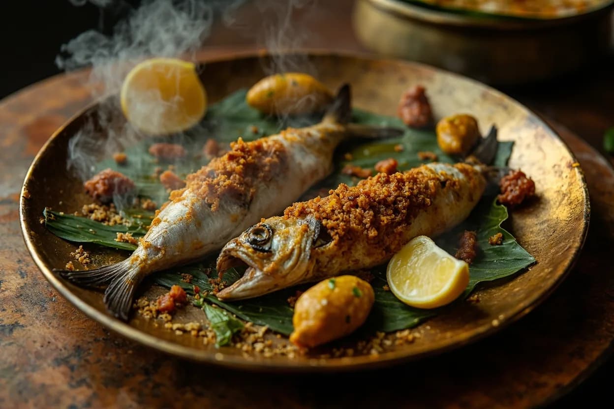 ilish bhapa (steamed hilsa in banana leaf) — a signature plate from Bengali cuisine, prepared in the regional style.