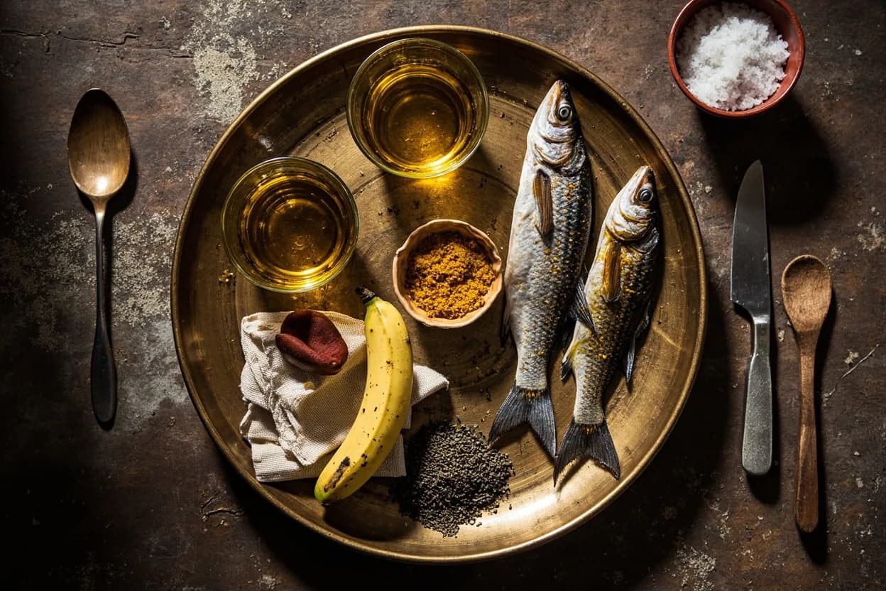 Mise en place for Bengali: the staple ingredients and key tools of the tradition laid out on the cook's board.