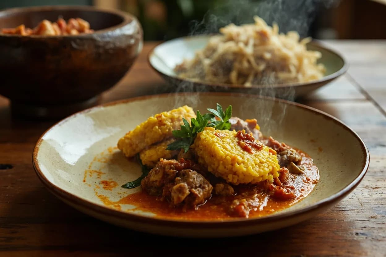 ablo (fermented steamed rice-corn cakes served with fish or meat sauce) — a signature plate from Beninese cuisine, prepared in the regional style.