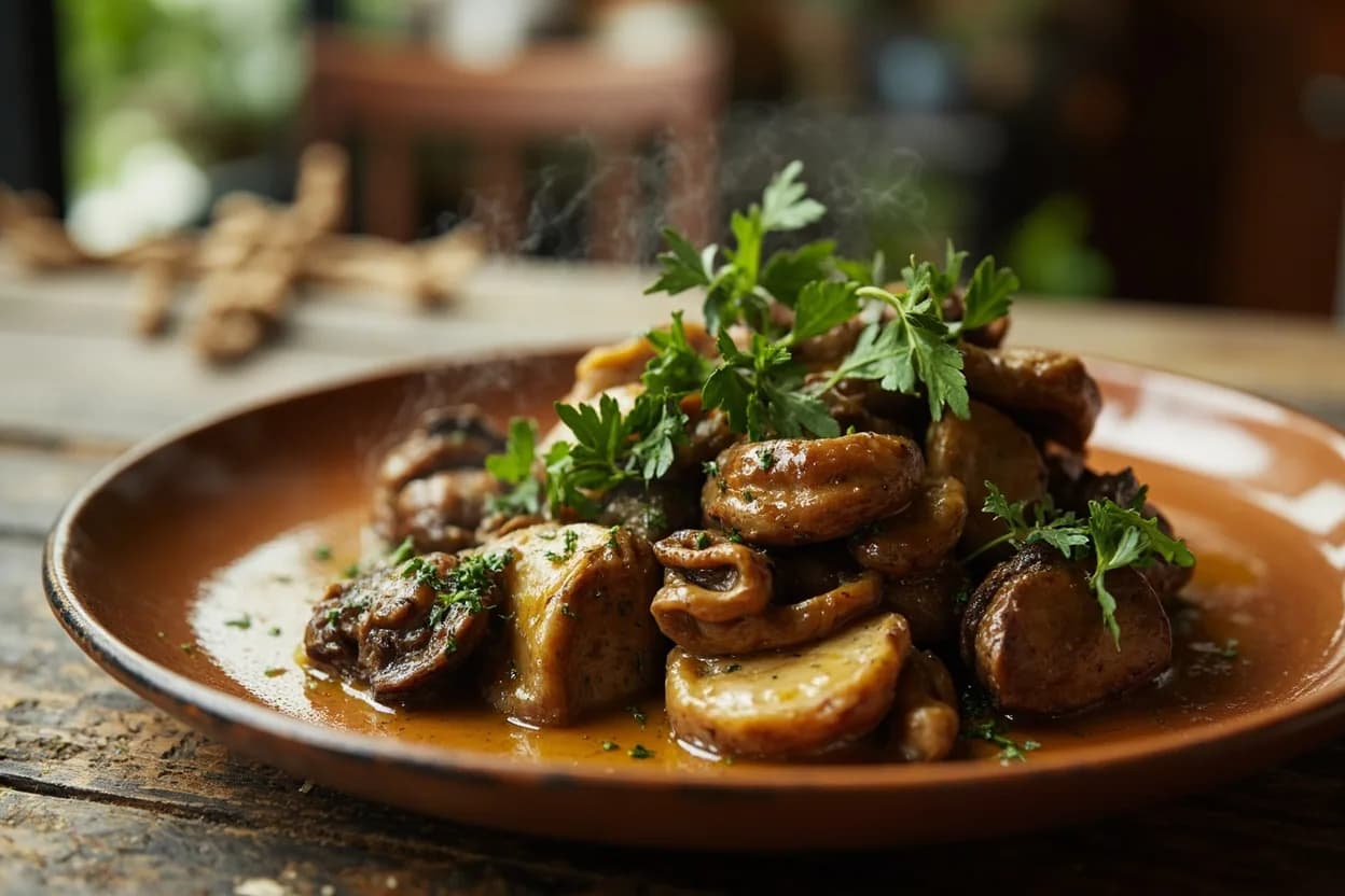 Cèpes à la bordelaise (sautéed porcini with garlic and parsley) — a signature plate from Bordelais cuisine, prepared in the regional style.