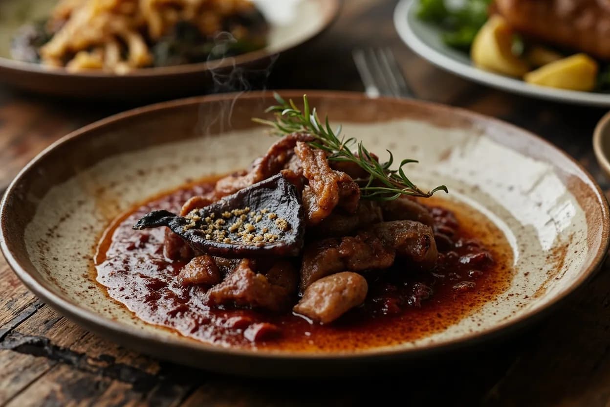 Lamproie à la bordelaise (lamprey braised in its blood and red wine) — a signature plate from Bordelais cuisine, prepared in the regional style.