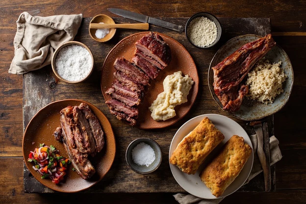 Mise en place for Brazilian Churrasco: the staple ingredients and key tools of the tradition laid out on the cook's board.
