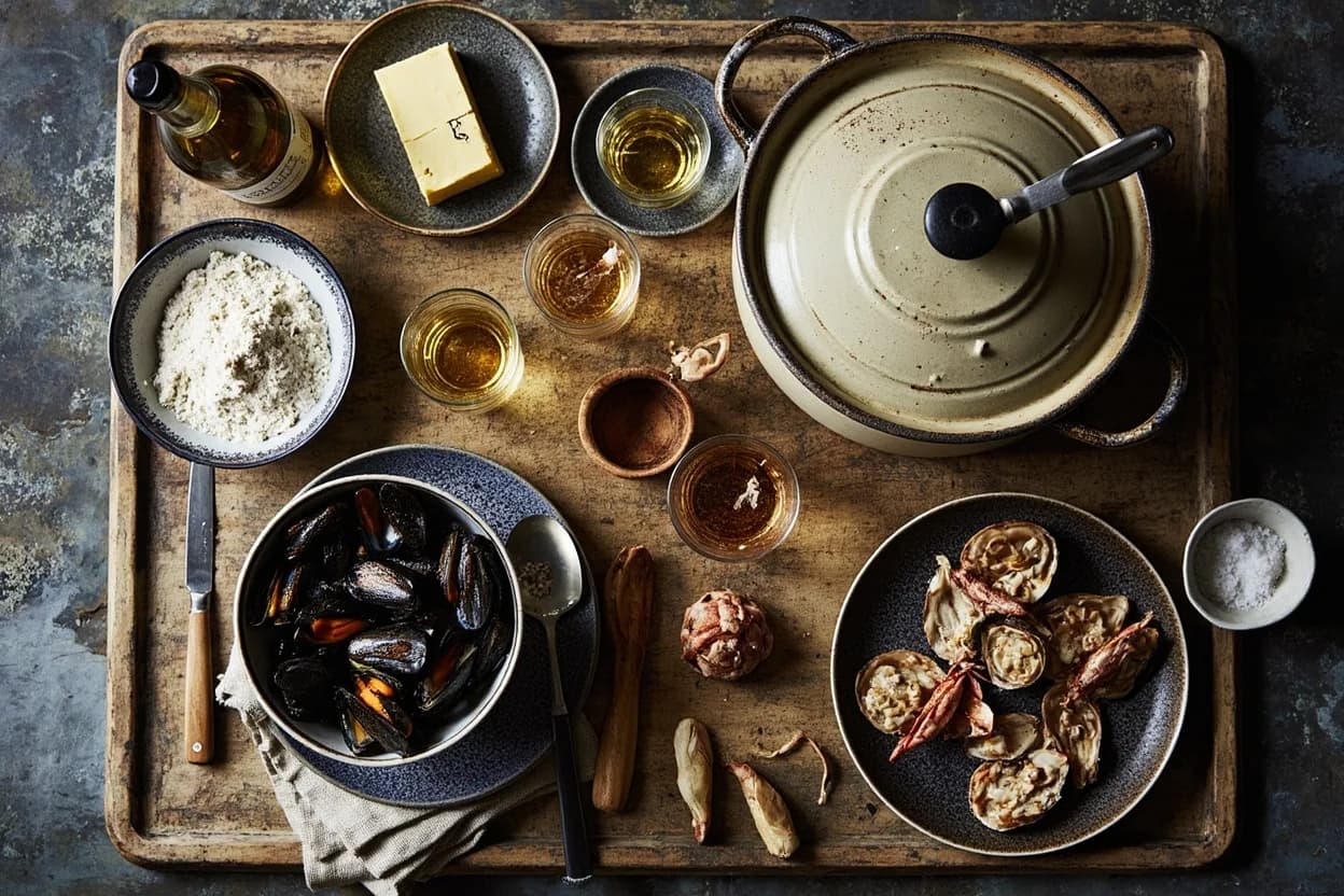 Mise en place for Breton: the staple ingredients and key tools of the tradition laid out on the cook's board.