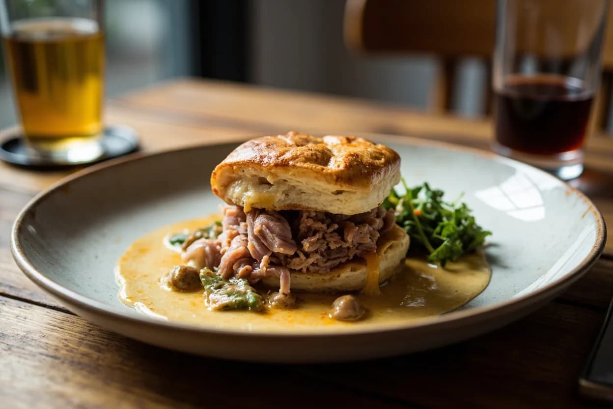 Melton Mowbray pork pie (raised hot-water crust, uncured pink pork, aspic) — a signature plate from British Farmhouse & Pub Tradition cuisine, prepared in the regional style.