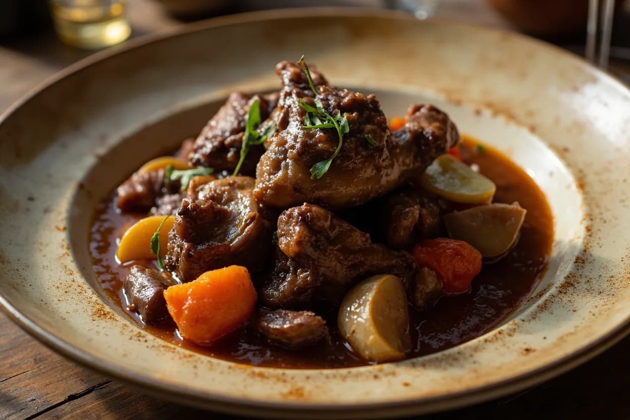 Coq au vin — a signature plate from Burgundian cuisine, prepared in the regional style.