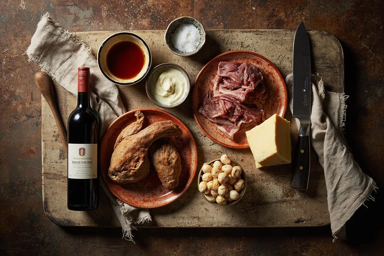 Mise en place for Burgundian: the staple ingredients and key tools of the tradition laid out on the cook's board.