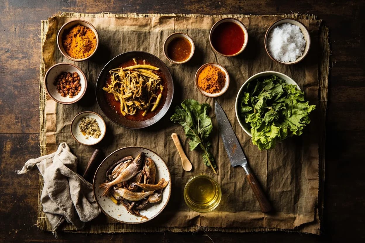 Mise en place for Burmese (Myanmar): the staple ingredients and key tools of the tradition laid out on the cook's board.