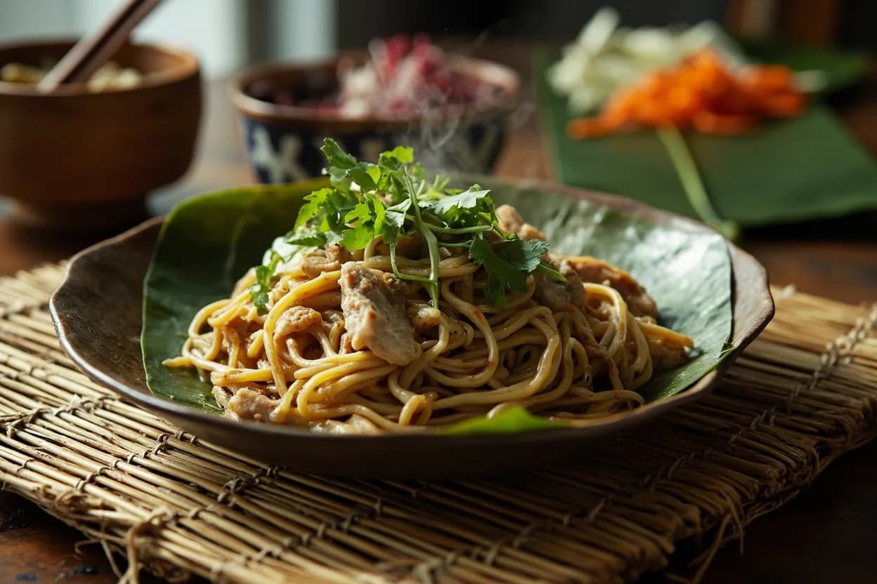 nom banh chok (Khmer noodles with green fish gravy and fresh herbs) — a signature plate from Cambodian (Khmer) cuisine, prepared in the regional style.