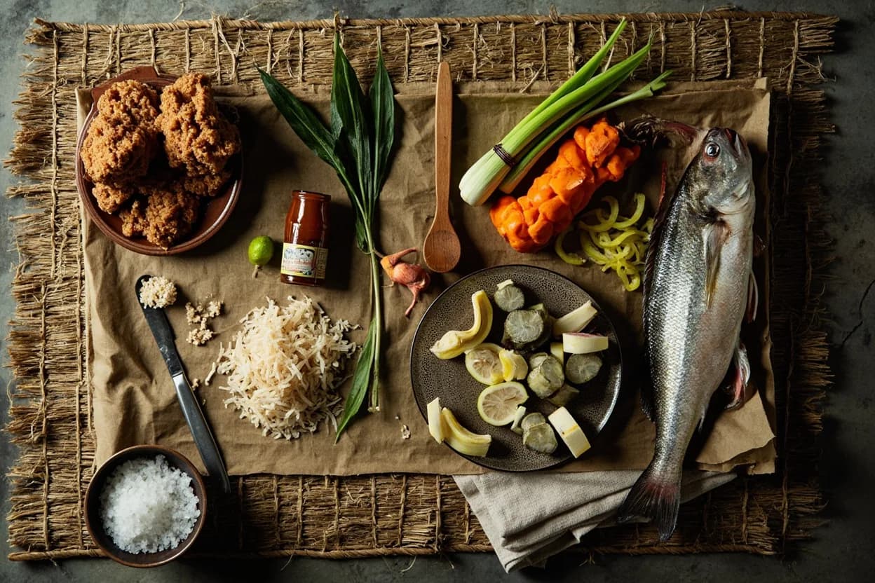 Mise en place for Cambodian (Khmer): the staple ingredients and key tools of the tradition laid out on the cook's board.