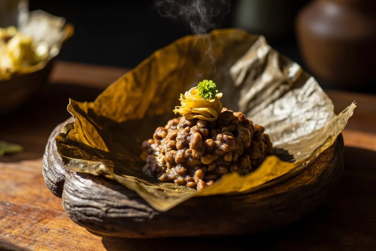 koki (black-eyed pea pudding steamed in banana leaves) — a signature plate from Cameroonian cuisine, prepared in the regional style.