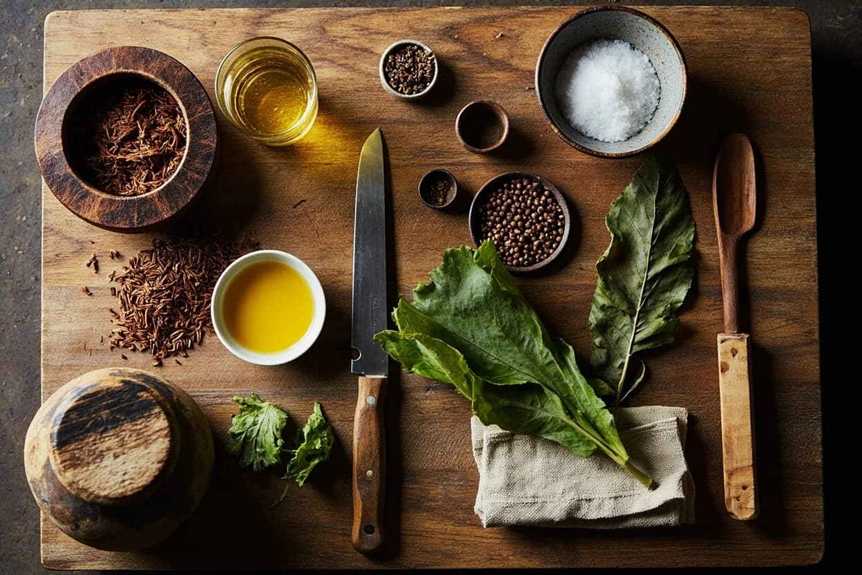 Mise en place for Cameroonian: the staple ingredients and key tools of the tradition laid out on the cook's board.