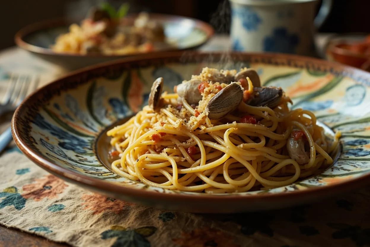 spaghetti alle vongole — a signature plate from Campanian cuisine, prepared in the regional style.