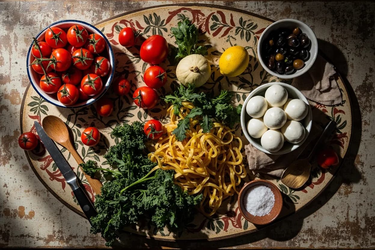 Mise en place for Campanian: the staple ingredients and key tools of the tradition laid out on the cook's board.