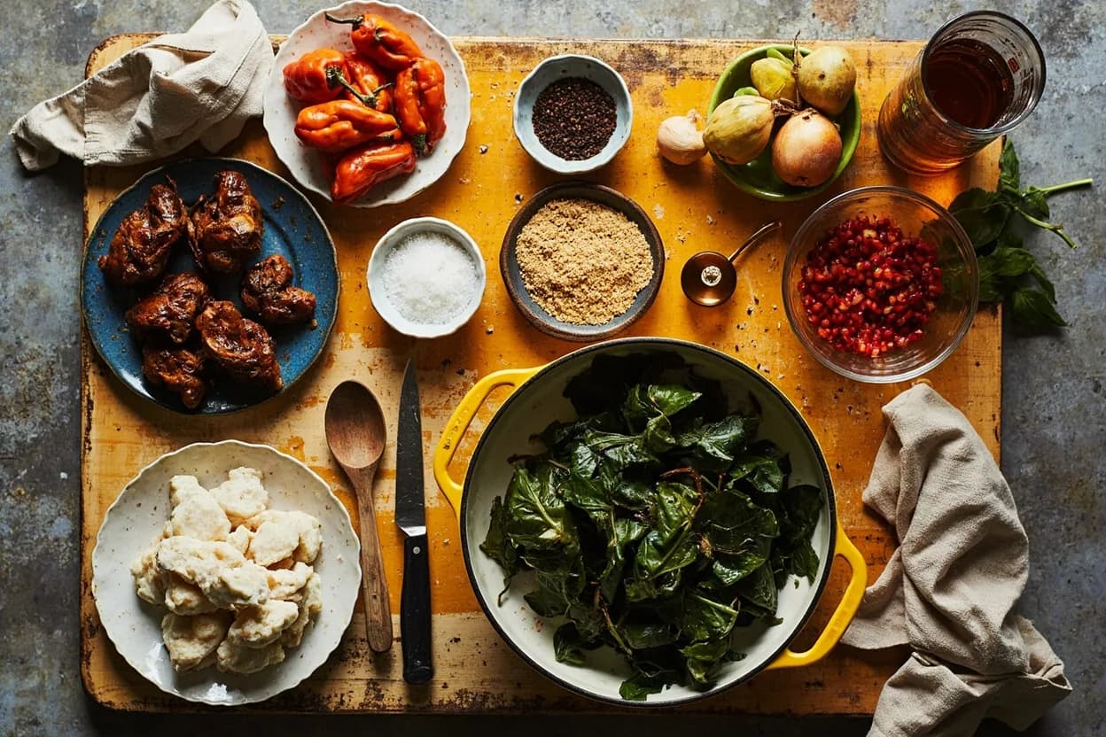 Mise en place for Caribbean Escovitch & Saltfish Tradition: the staple ingredients and key tools of the tradition laid out on the cook's board.