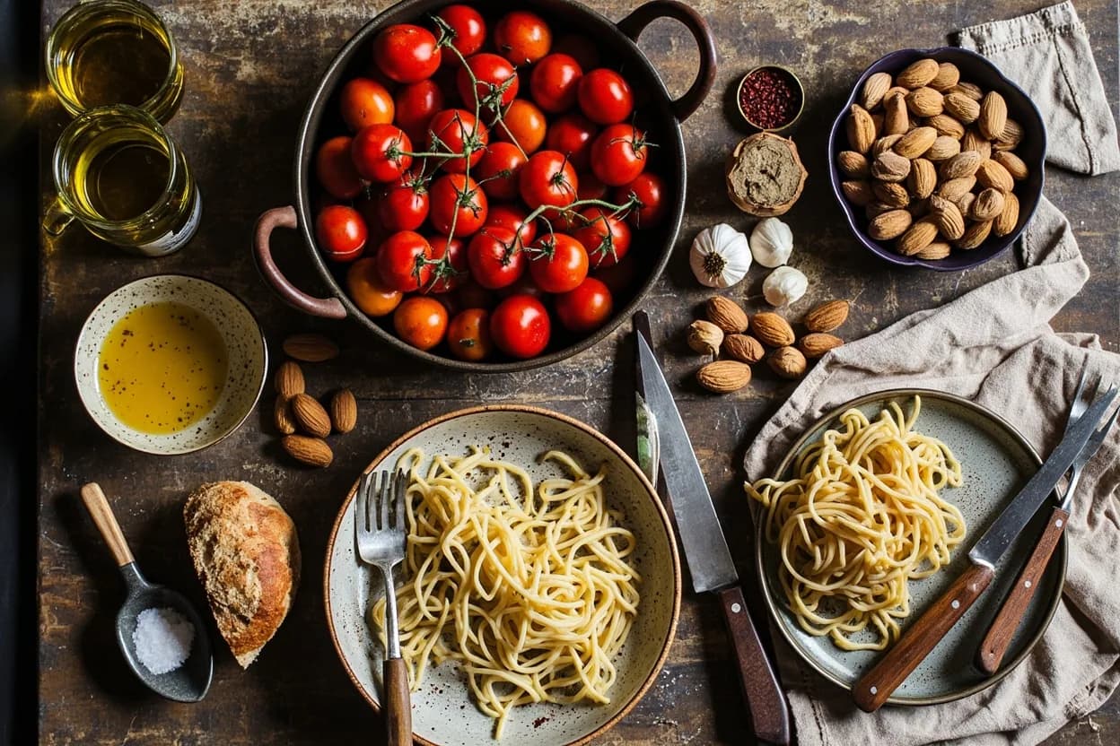 Mise en place for Catalan: the staple ingredients and key tools of the tradition laid out on the cook's board.