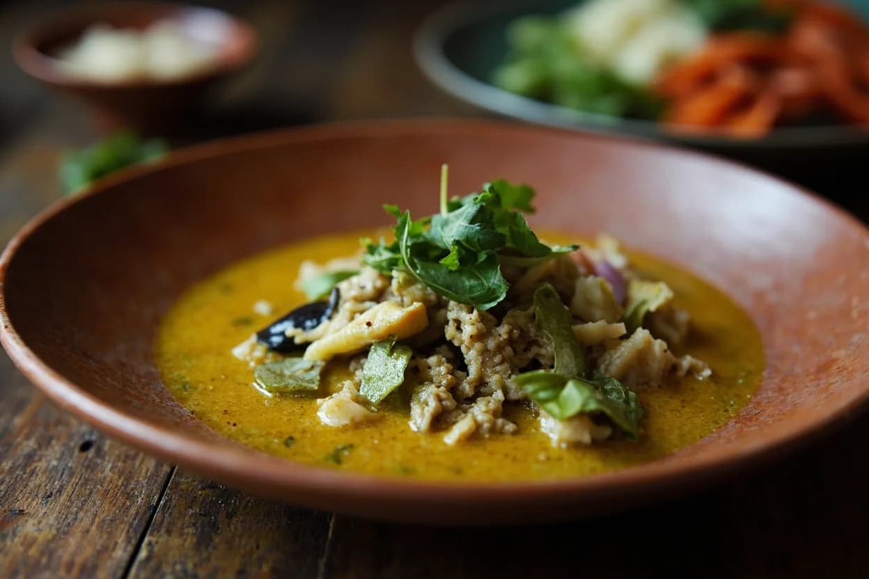 kaeng khiao wan (green curry — young coconut milk curry with green paste, Thai eggplant, and kaffir lime leaf) — a signature plate from Central Thai cuisine, prepared in the regional style.