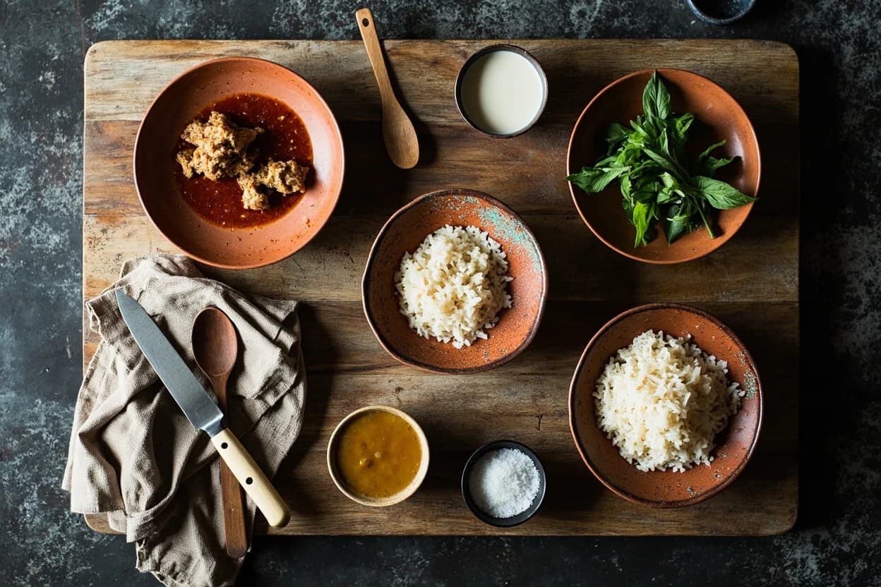 Mise en place for Central Thai: the staple ingredients and key tools of the tradition laid out on the cook's board.