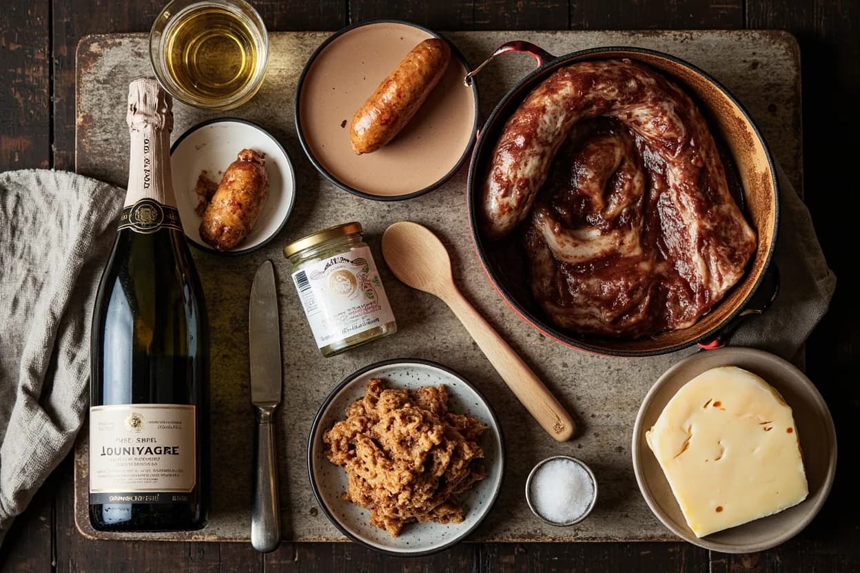 Mise en place for Champagne (Culinary Tradition): the staple ingredients and key tools of the tradition laid out on the cook's board.