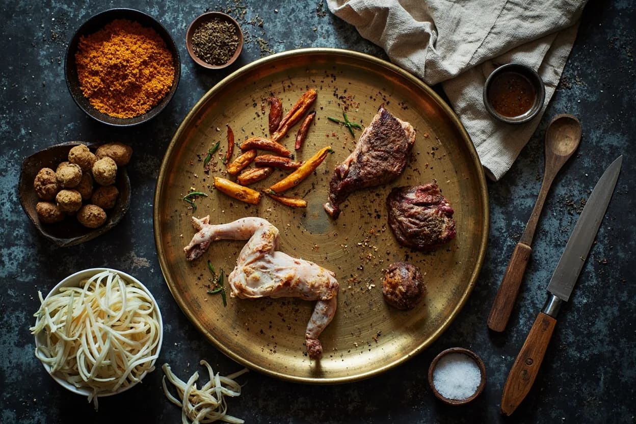 Mise en place for Chettinad: the staple ingredients and key tools of the tradition laid out on the cook's board.