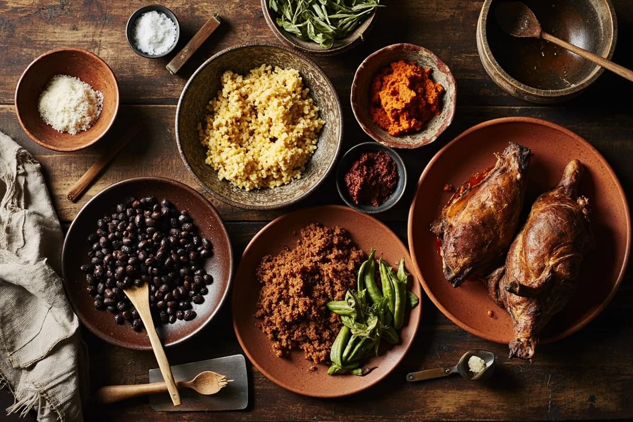 Mise en place for Chiapanecan: the staple ingredients and key tools of the tradition laid out on the cook's board.