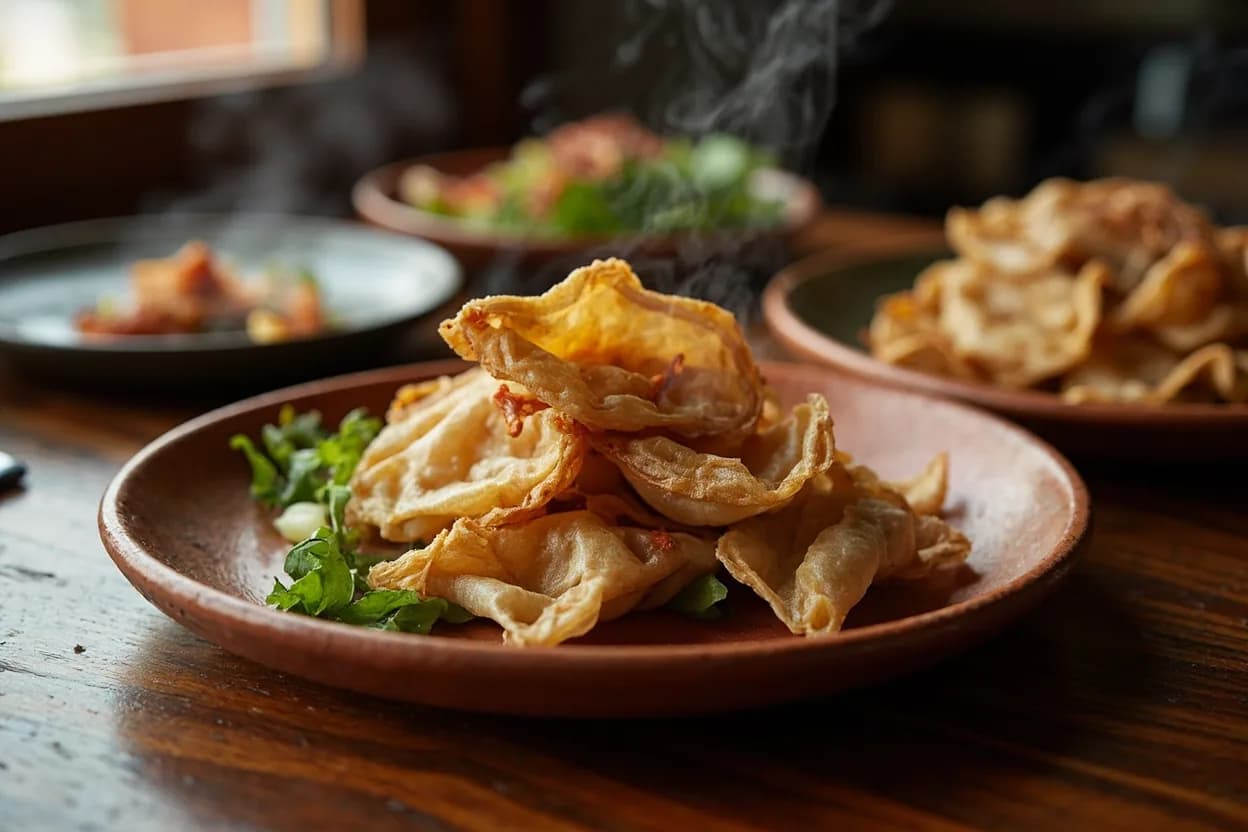 wantán frito (fried wonton) — a signature plate from Chifa (Peruvian-Chinese) cuisine, prepared in the regional style.