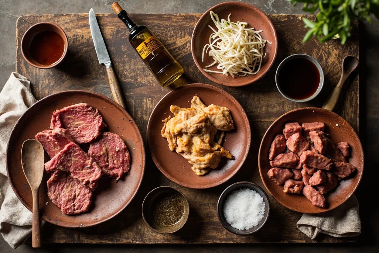 Mise en place for Chifa (Peruvian-Chinese): the staple ingredients and key tools of the tradition laid out on the cook's board.