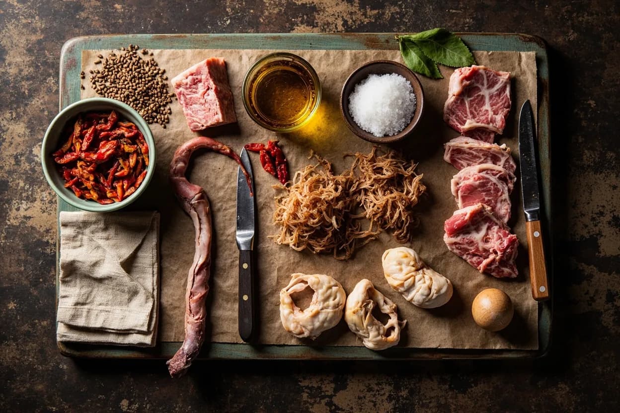 Mise en place for Chongqing Hot Pot: the staple ingredients and key tools of the tradition laid out on the cook's board.