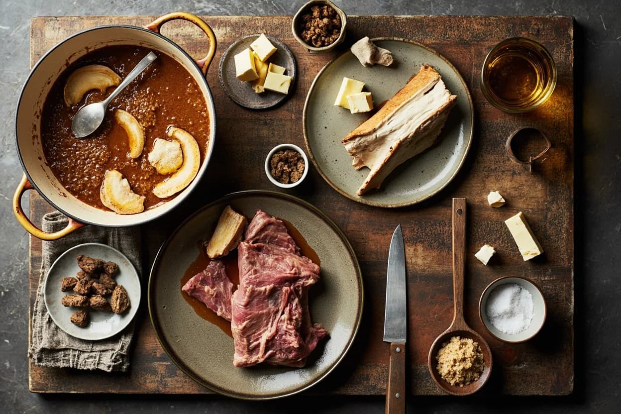 Mise en place for Classical French: the staple ingredients and key tools of the tradition laid out on the cook's board.