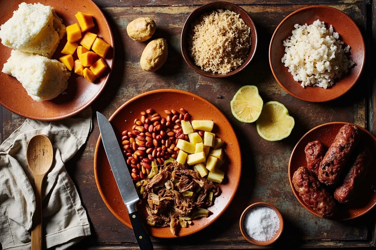 Mise en place for Colombian (Eje Cafetero & Coastal): the staple ingredients and key tools of the tradition laid out on the cook's board.