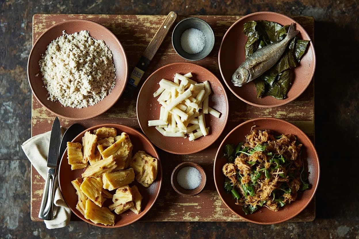 Mise en place for Congolese (DRC): the staple ingredients and key tools of the tradition laid out on the cook's board.