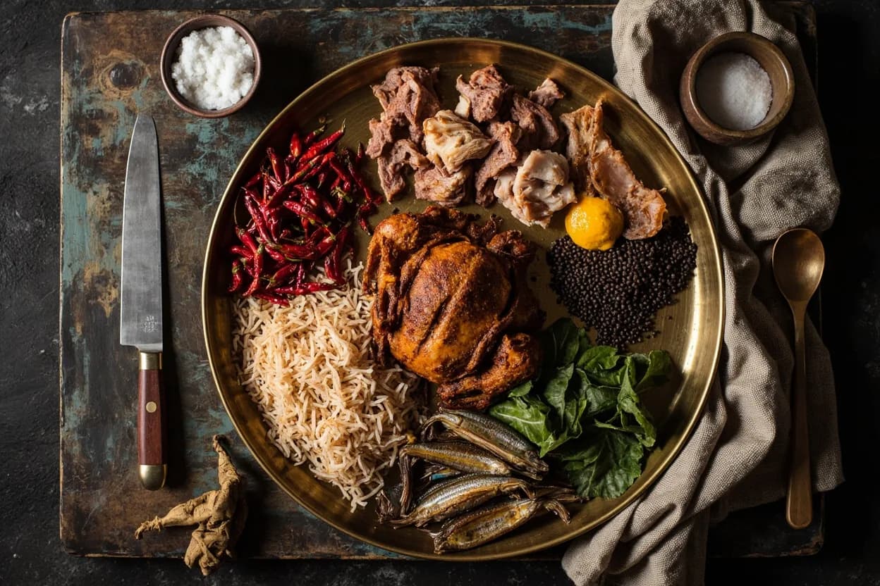 Mise en place for Coorg (Kodava): the staple ingredients and key tools of the tradition laid out on the cook's board.