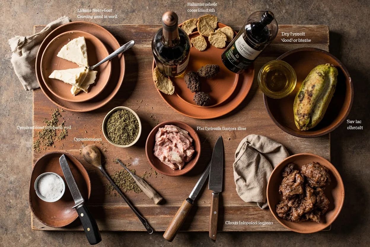 Mise en place for Cypriot Meze Tradition: the staple ingredients and key tools of the tradition laid out on the cook's board.