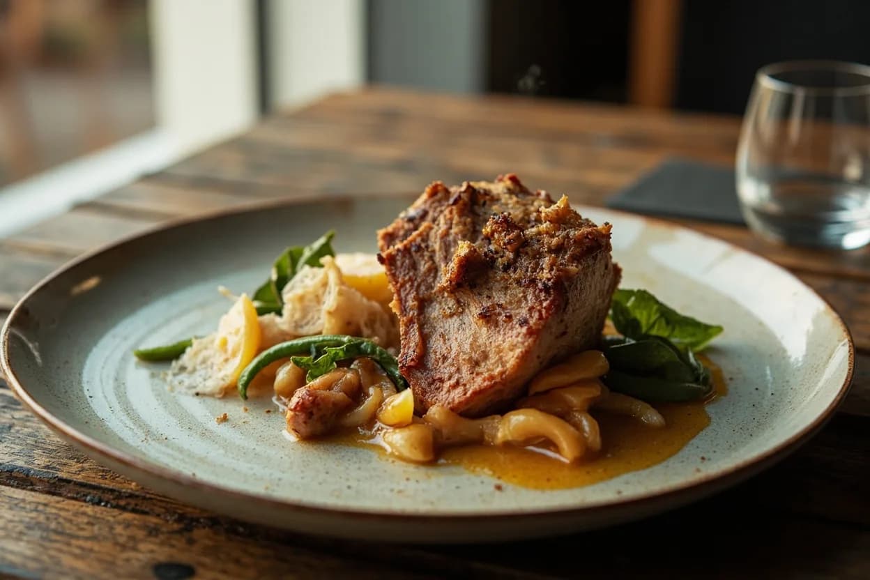 flæskesteg (crispy-rind roast pork — the most common Sunday dish) — a signature plate from Danish (Smørrebrød & Noma Tradition) cuisine, prepared in the regional style.