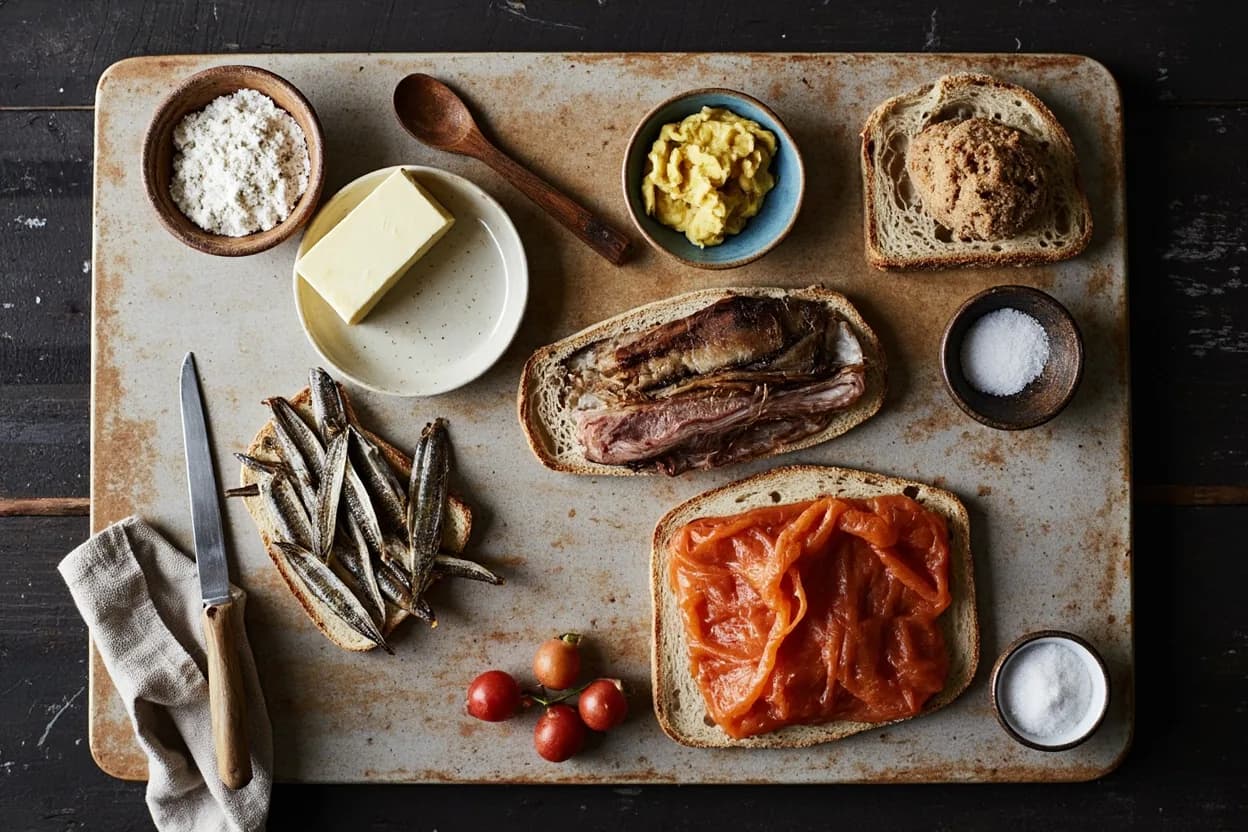 Mise en place for Danish (Smørrebrød & Noma Tradition): the staple ingredients and key tools of the tradition laid out on the cook's board.