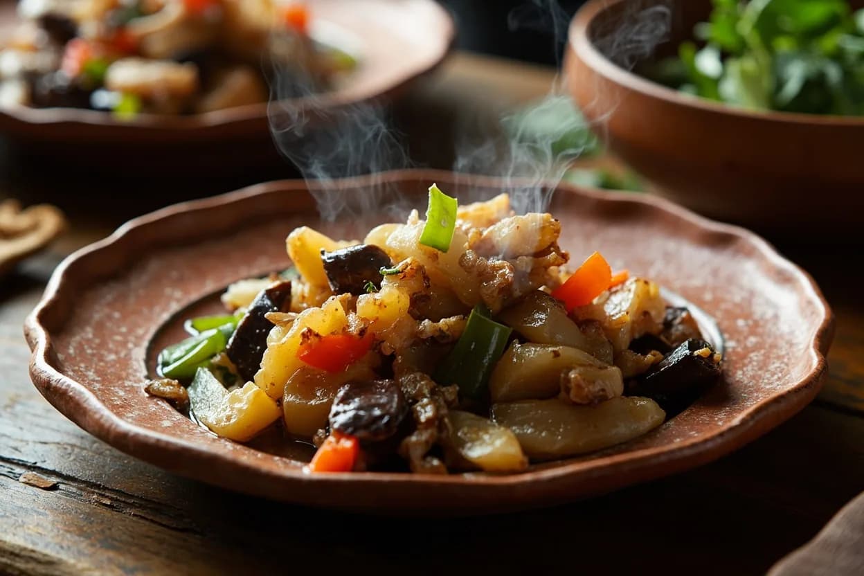 Di san xian (braised potato, eggplant, and green pepper) — a signature plate from Dongbei (Northeast Chinese) cuisine, prepared in the regional style.