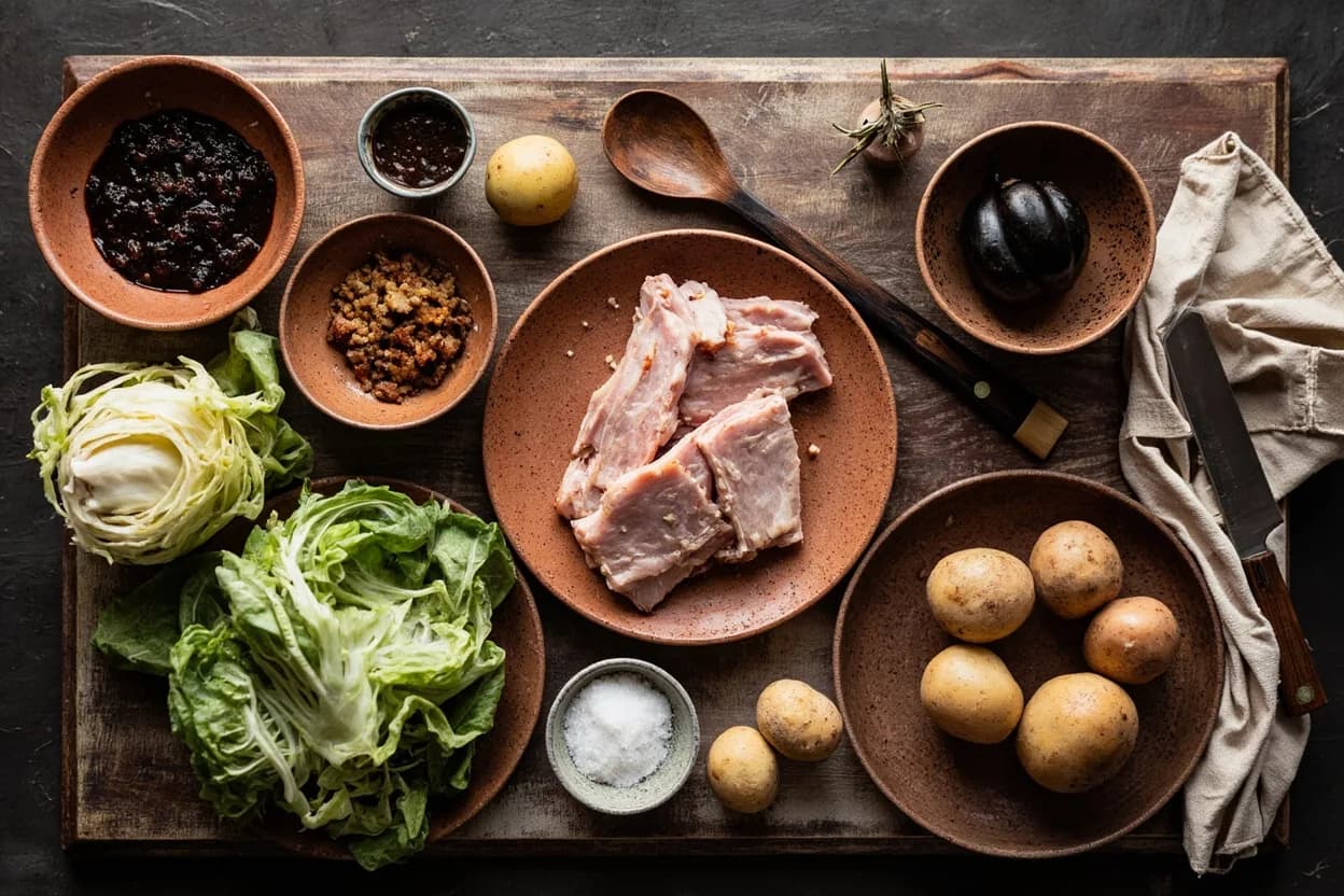 Mise en place for Dongbei (Northeast Chinese): the staple ingredients and key tools of the tradition laid out on the cook's board.