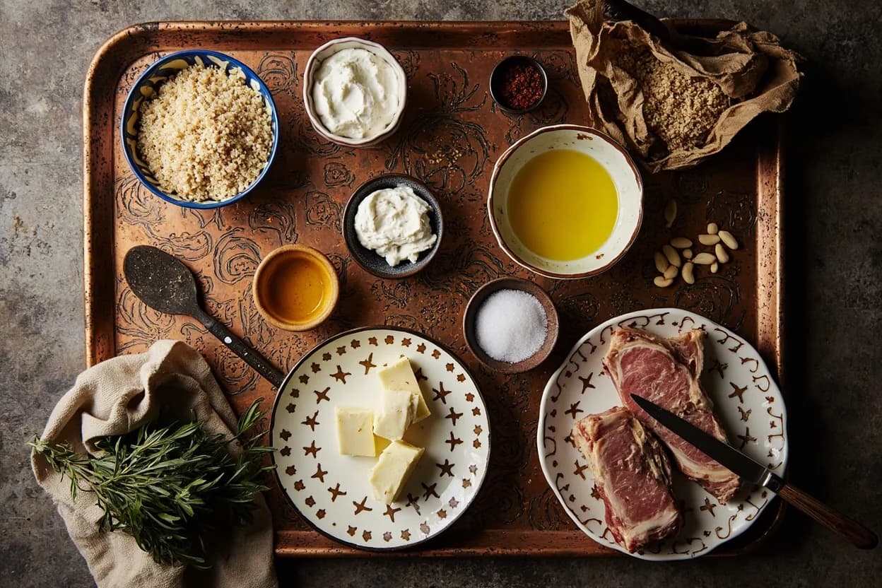 Mise en place for Druze: the staple ingredients and key tools of the tradition laid out on the cook's board.