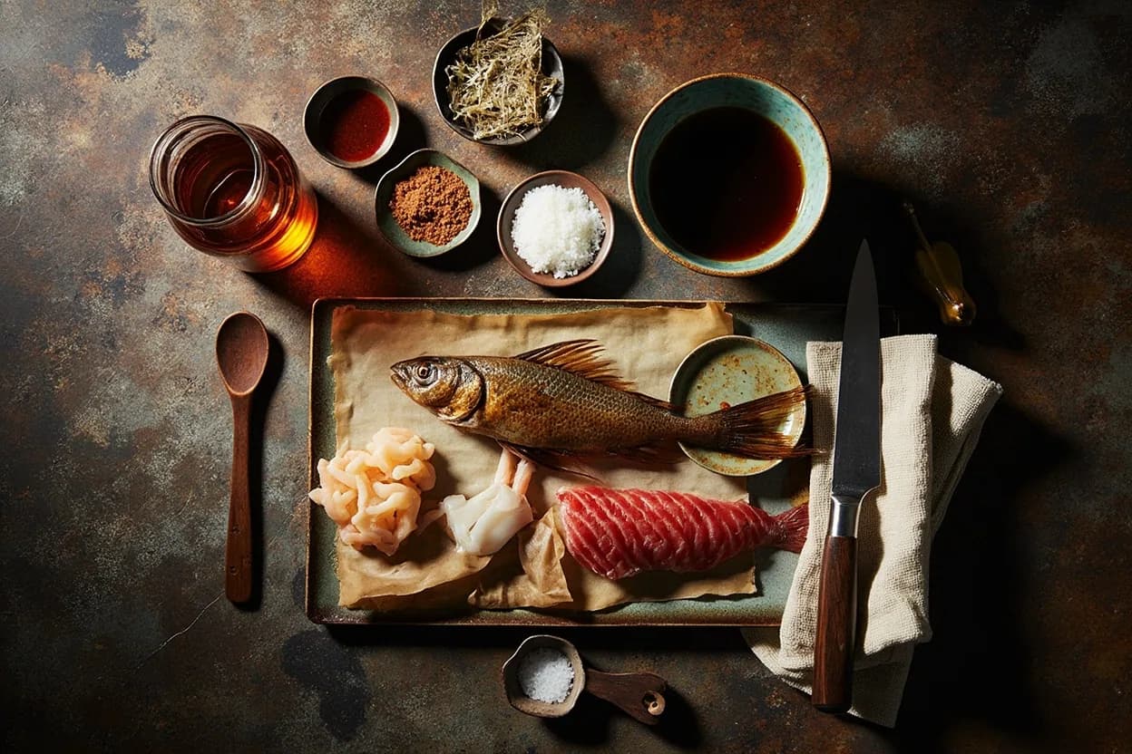 Mise en place for Edomae Sushi: the staple ingredients and key tools of the tradition laid out on the cook's board.