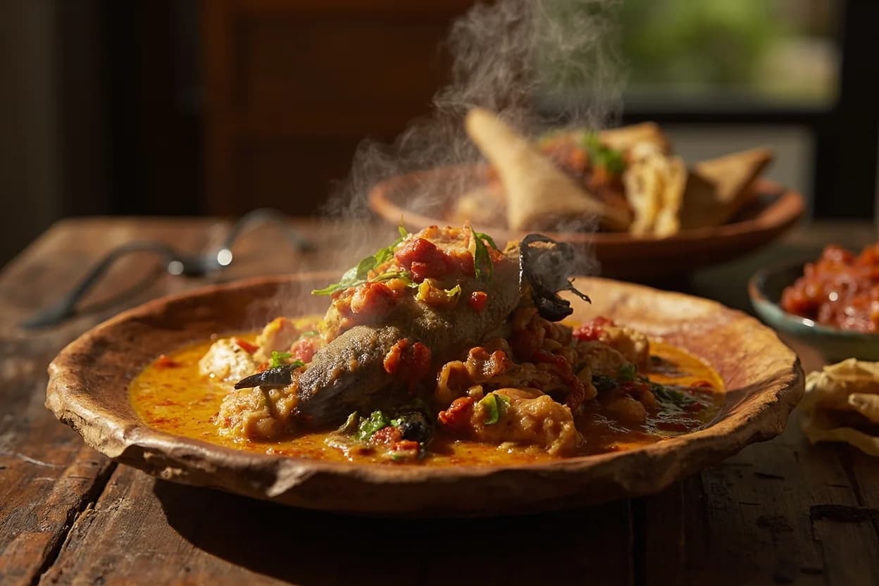 fisherman's soup (Calabar pepper soup with fresh fish, periwinkles, and assorted seafood) — a signature plate from Efik (Cross River Nigerian) cuisine, prepared in the regional style.