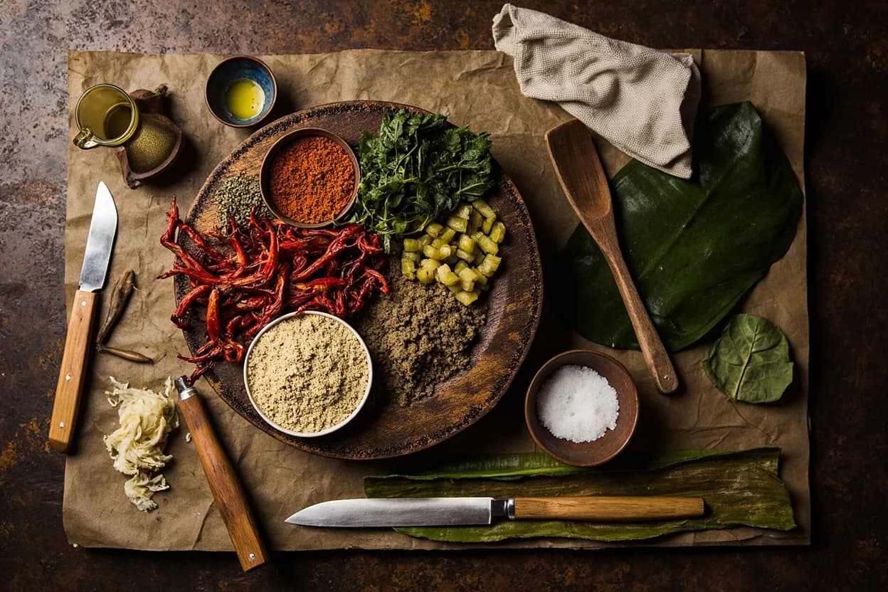 Mise en place for Efik (Cross River Nigerian): the staple ingredients and key tools of the tradition laid out on the cook's board.