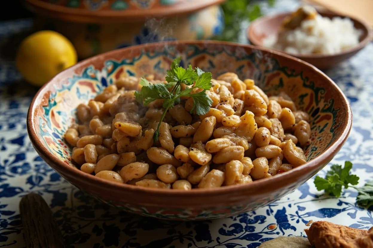 Ful Medames (slow-cooked fava beans with garlic, lemon, and cumin) — a signature plate from Egyptian (Masri) cuisine, prepared in the regional style.