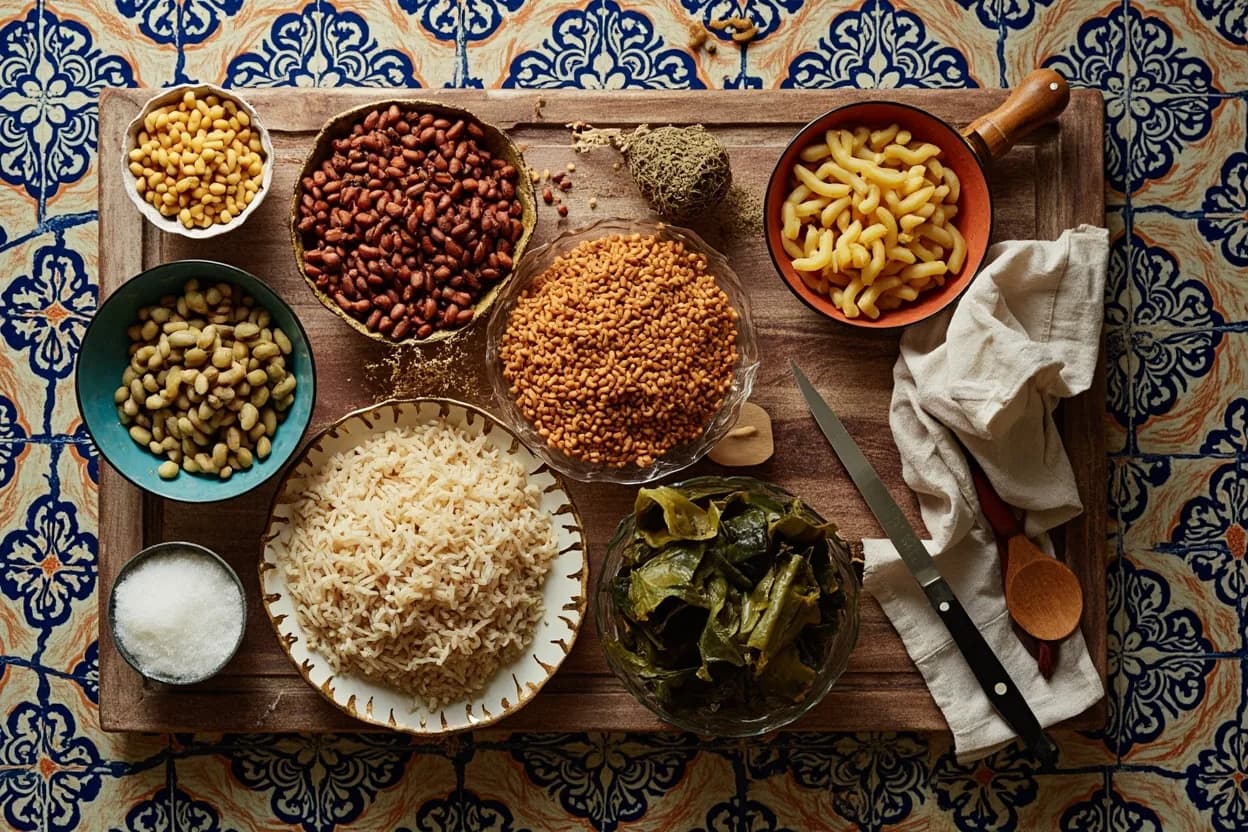 Mise en place for Egyptian (Masri): the staple ingredients and key tools of the tradition laid out on the cook's board.