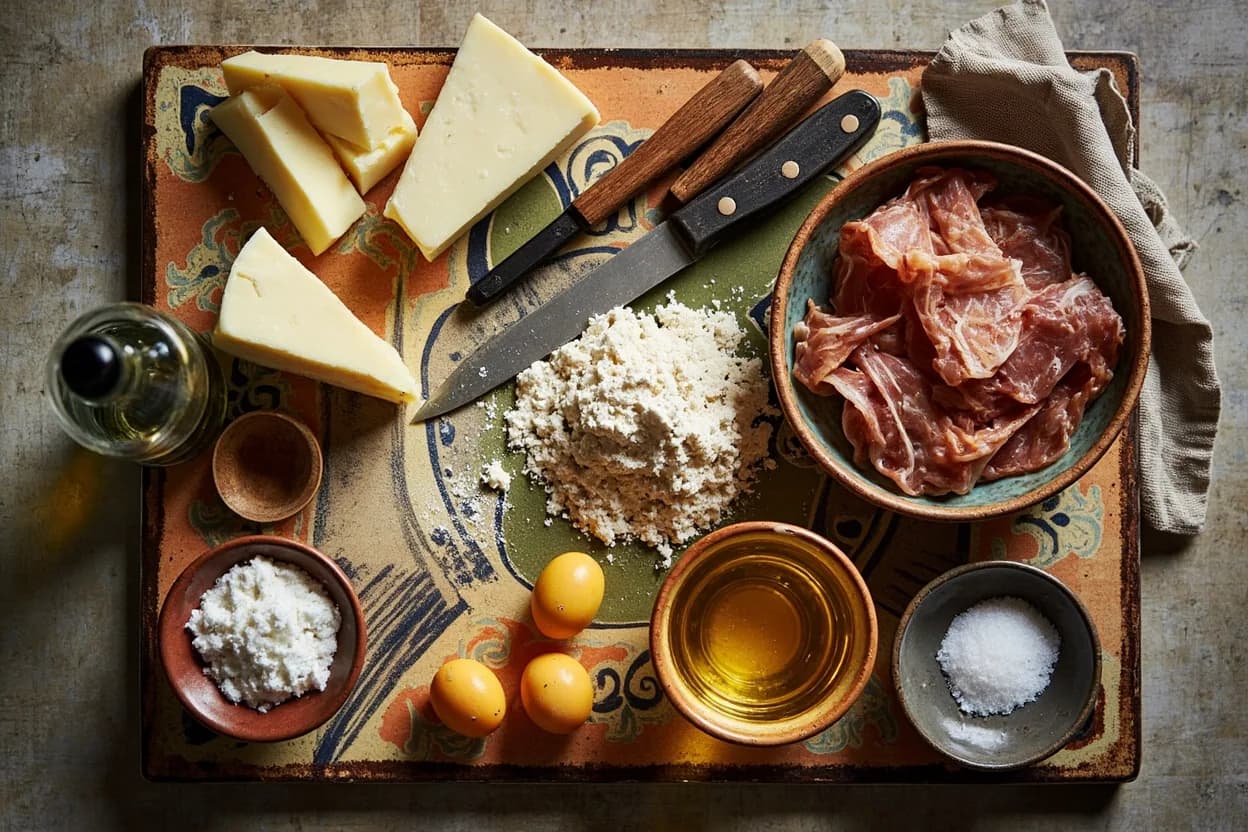 Mise en place for Emilian (Emilia-Romagna): the staple ingredients and key tools of the tradition laid out on the cook's board.