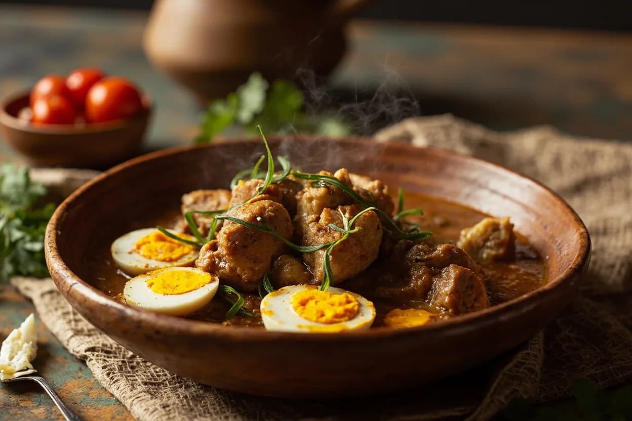 tsebhi derho — chicken stew with hard-boiled eggs — a signature plate from Eritrean cuisine, prepared in the regional style.