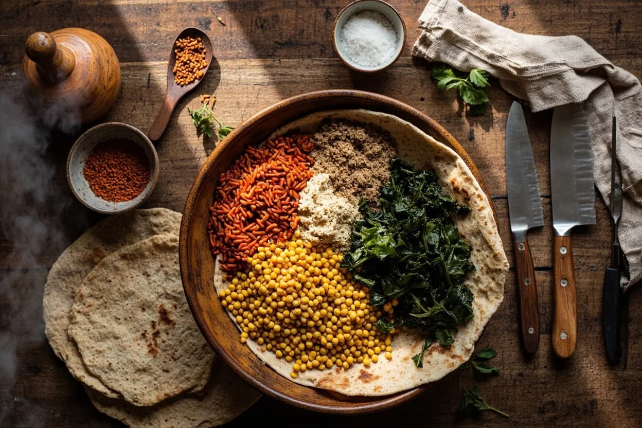 Mise en place for Ethiopian Fasting (Tsom) Vegan Tradition: the staple ingredients and key tools of the tradition laid out on the cook's board.