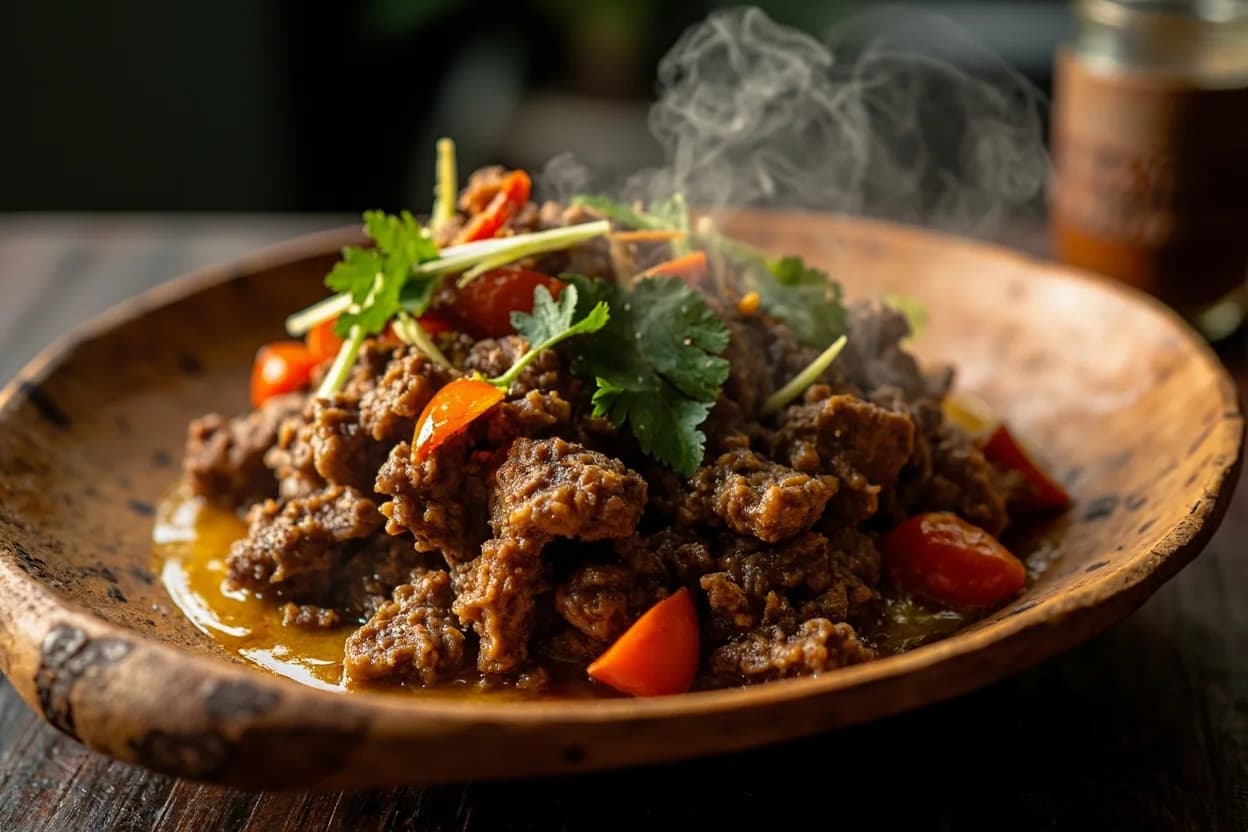 kitfo (spiced raw minced beef) — a signature plate from Ethiopian (Habesha) cuisine, prepared in the regional style.