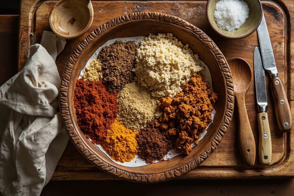 Mise en place for Ethiopian (Habesha): the staple ingredients and key tools of the tradition laid out on the cook's board.
