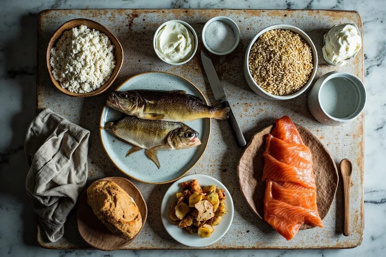 Mise en place for Finnish: the staple ingredients and key tools of the tradition laid out on the cook's board.