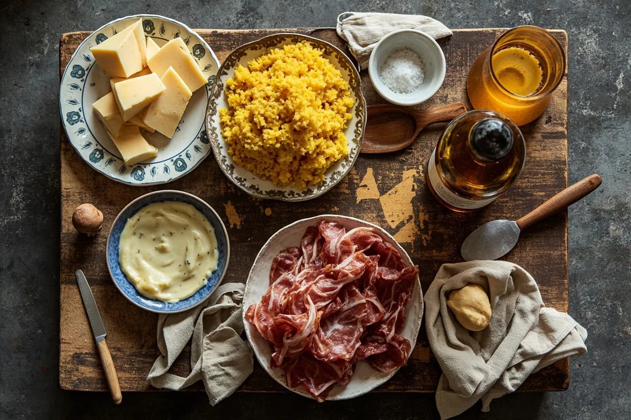 Mise en place for Friulian: the staple ingredients and key tools of the tradition laid out on the cook's board.
