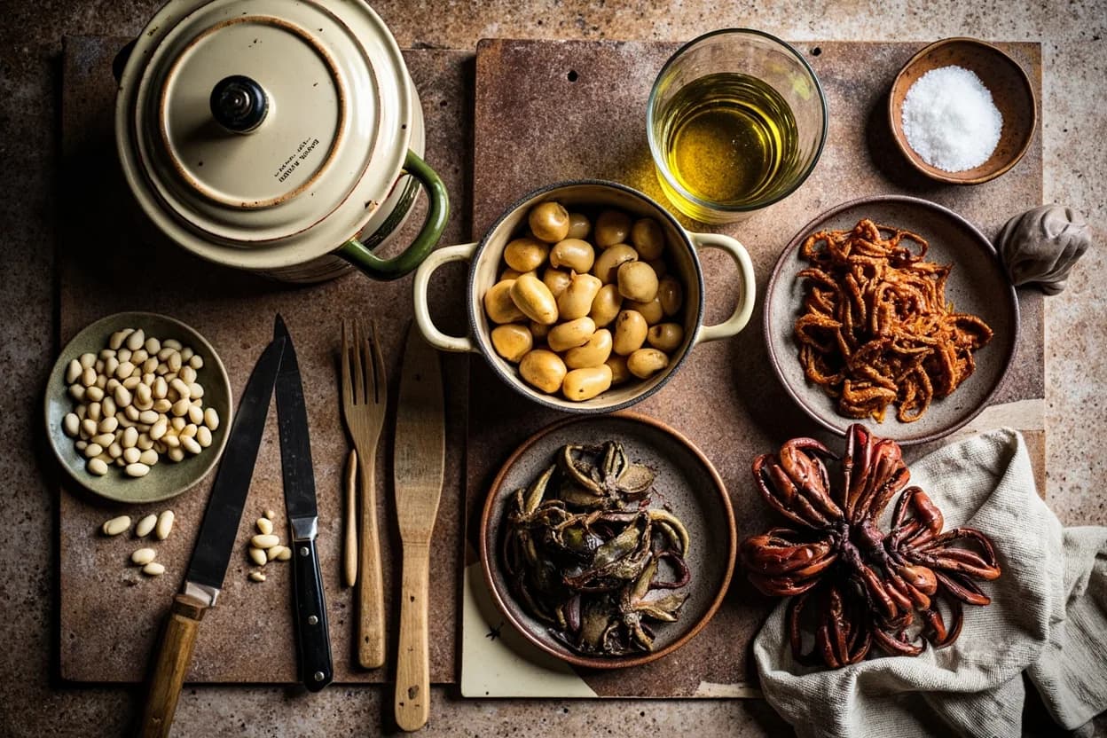 Mise en place for Galician (Spain): the staple ingredients and key tools of the tradition laid out on the cook's board.